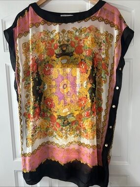 Peppe Peluso Pink, Gold & Black Floral Silk-Feel Tunic